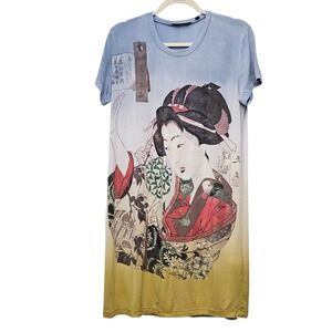 CITRON Santa Monica Geisha Art Ombre T Shirt Dress S Blue Yellow Art‎ you Wear